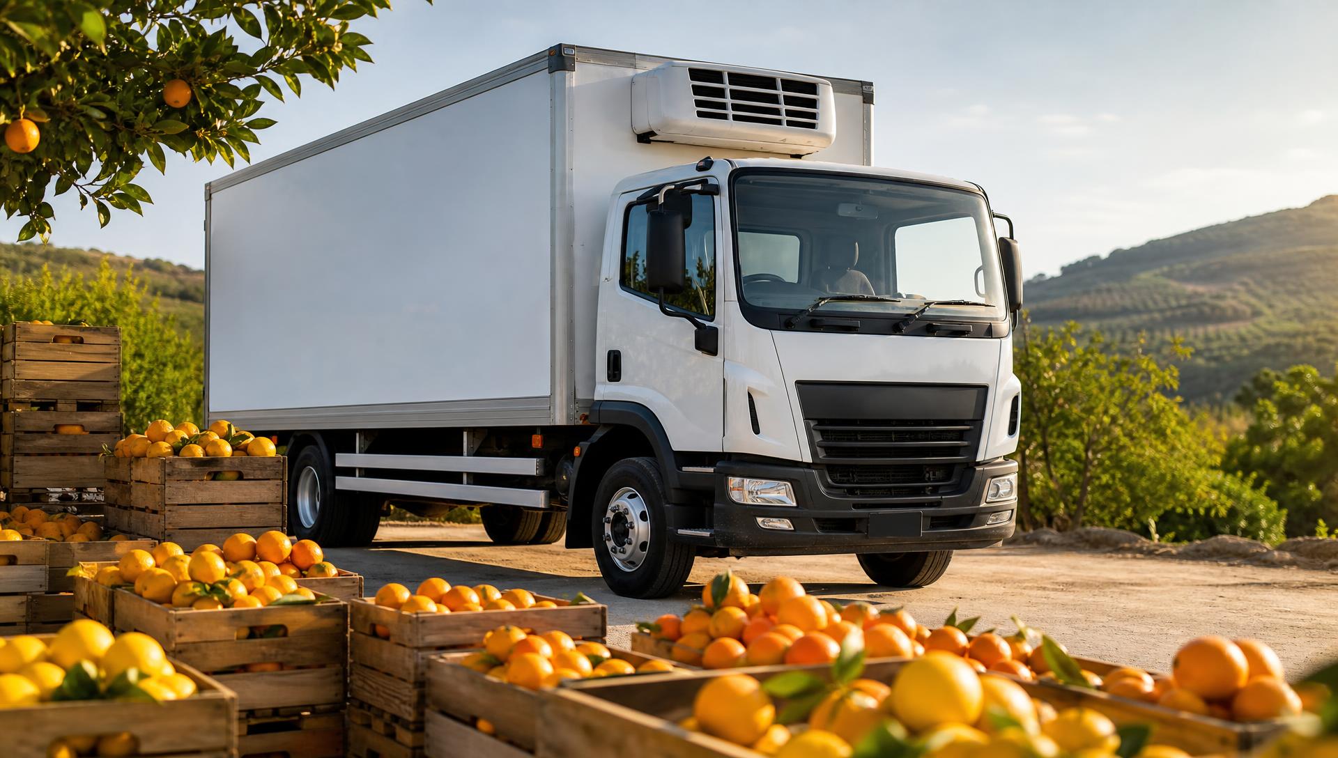 Camión de transporte refrigerado y cajas de naranjas y cítricos frescos listos para exportación